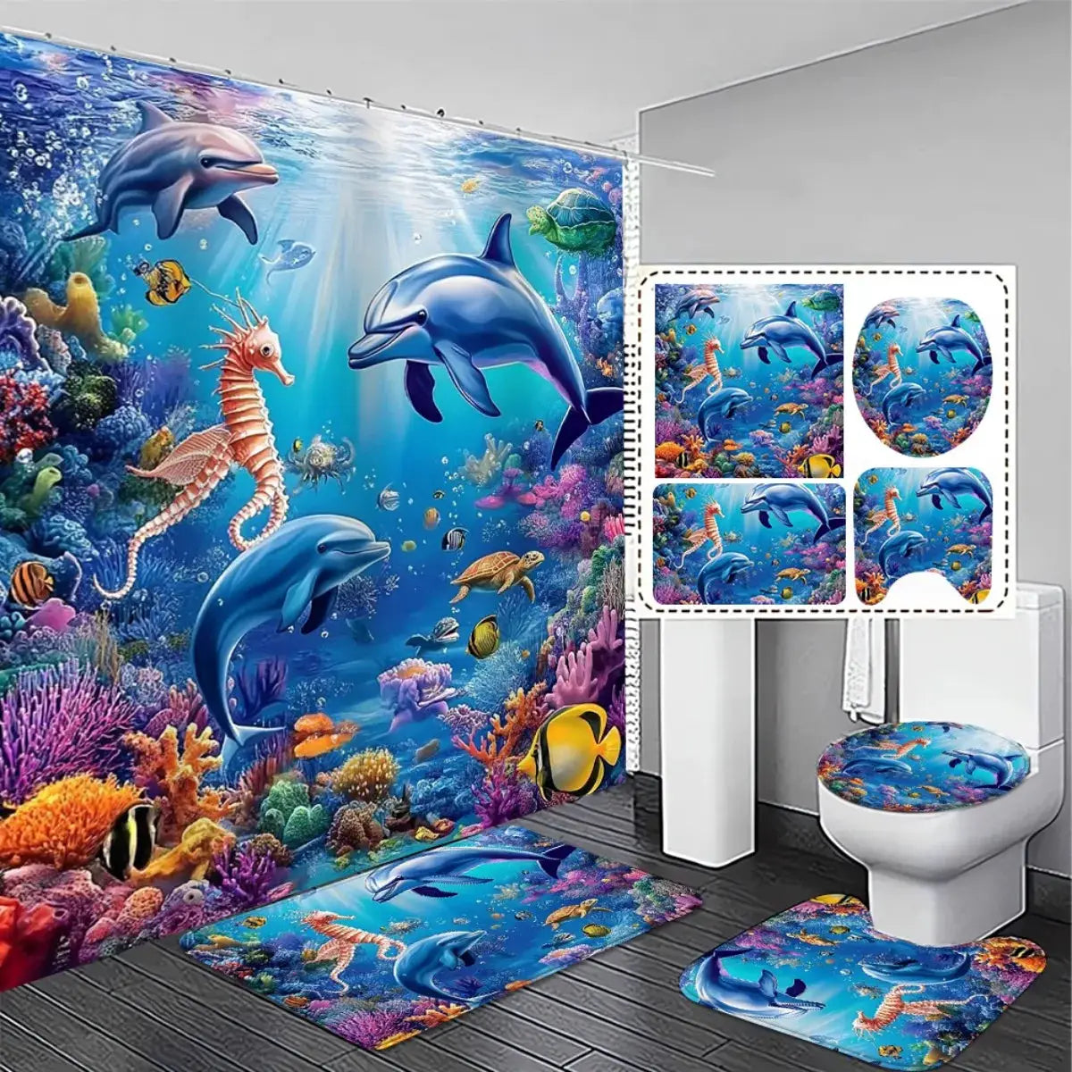 O1Pc cean Themed Shower Curtain Set 1 3 4pcs 2D Flat Non Slip Bath Mat Underwater Dolphins Coral Reef Home Decor Gift 180x180 cm from PriceLows™
