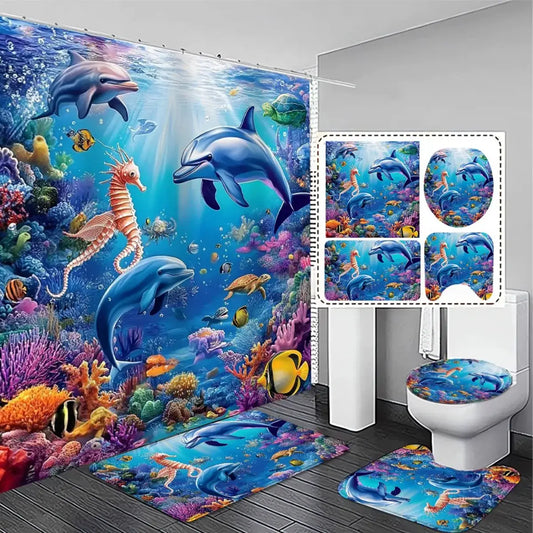 O1Pc cean Themed Shower Curtain Set 1 3 4pcs 2D Flat Non Slip Bath Mat Underwater Dolphins Coral Reef Home Decor Gift 180x180 cm from PriceLows™