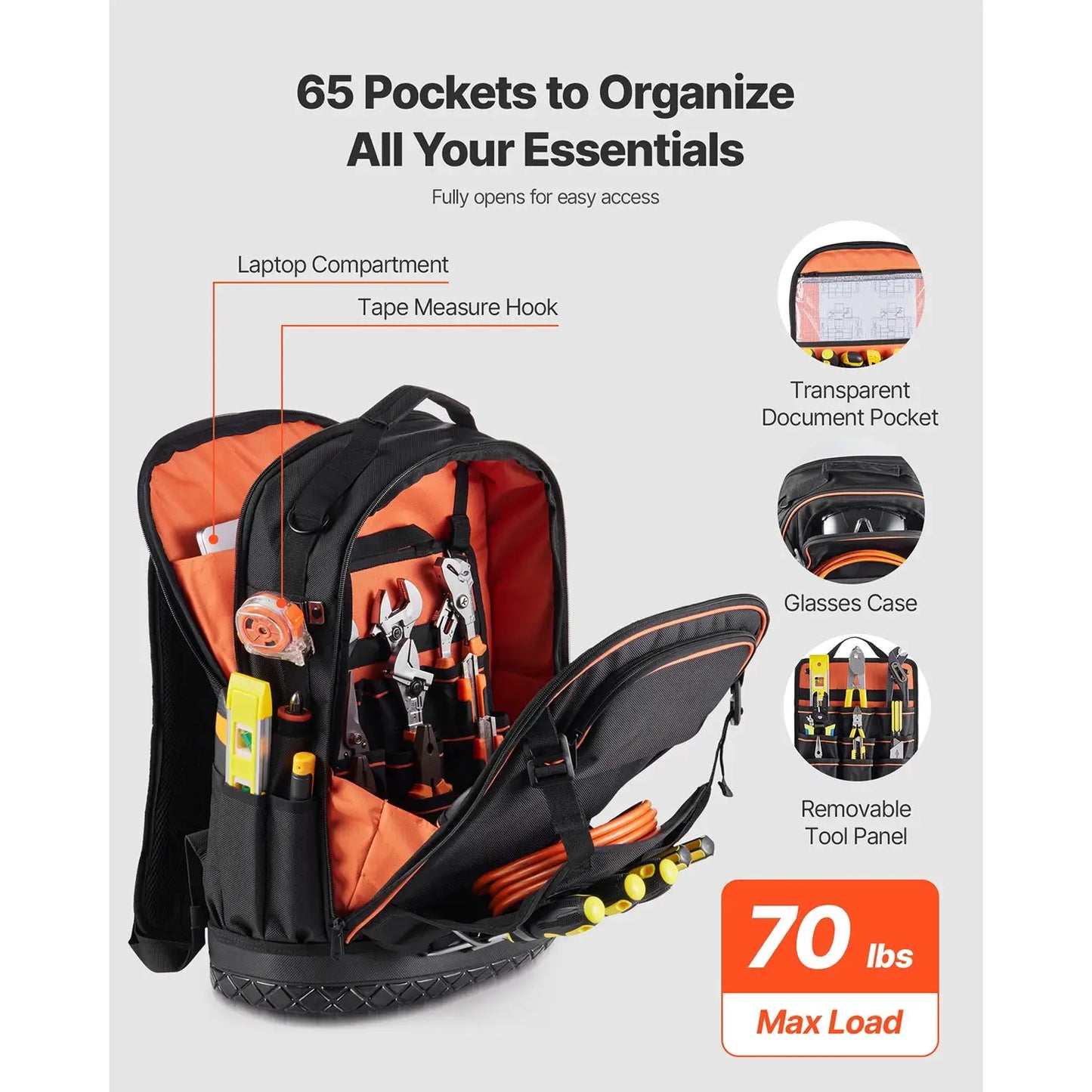 SucceBuy 65 Pockets Tool Backpack with Tools & Molded Base Electrician Repairman HVAC Techs Tools Storage Organizer Work Bags from PriceLows™