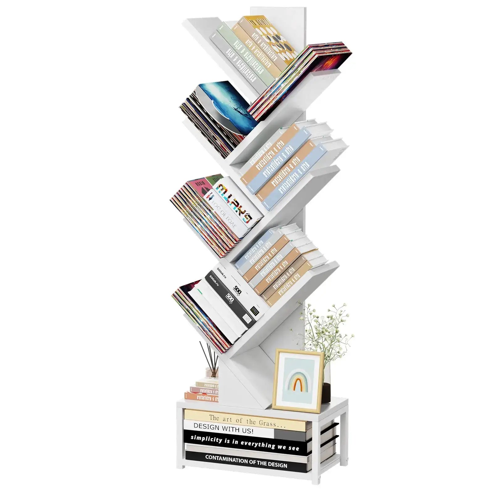 Tree Shaped Bookshelf 6 Tier Rustic Wooden Bookcase With Metal Base For Living Room Bedroom Office from PriceLows™