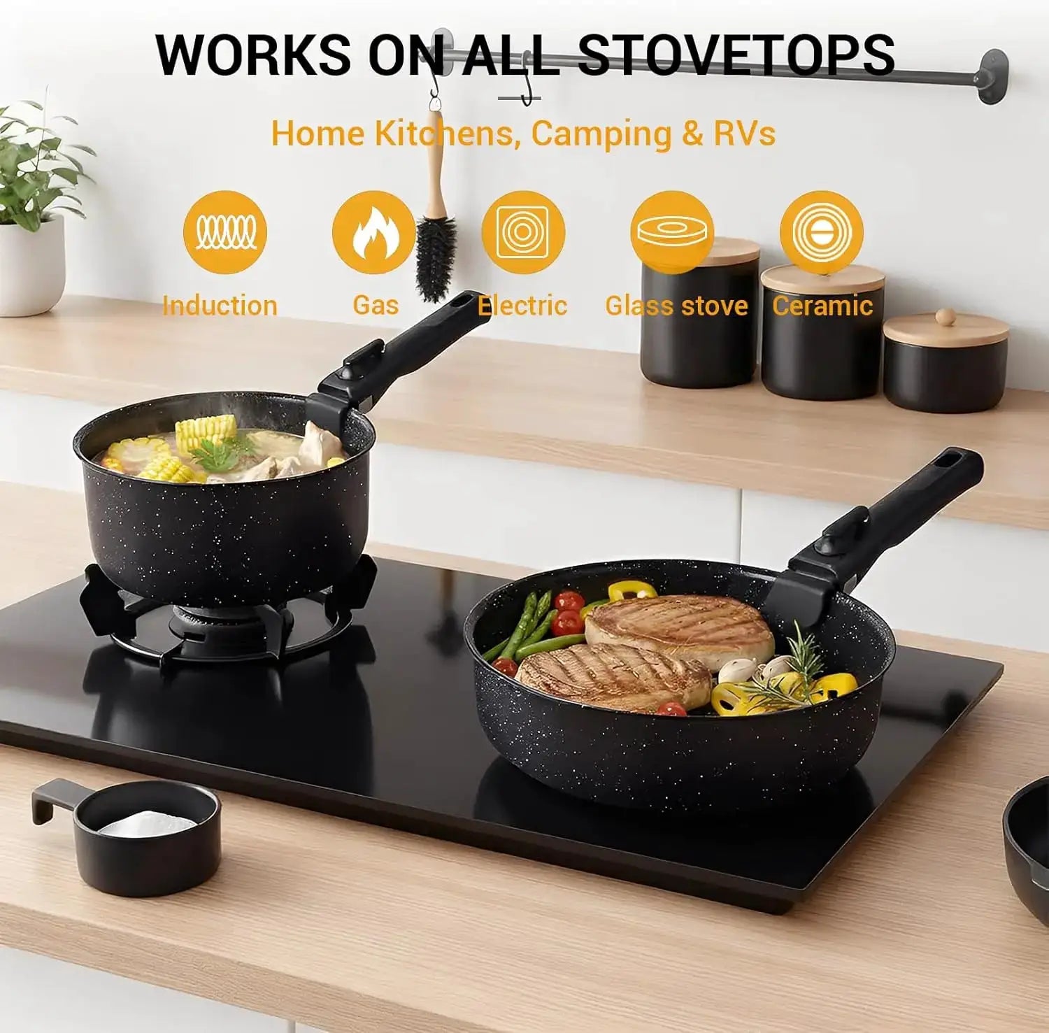 21-Piece Nonstick Pots and Pans Set, Ceramic Kitchen Cookware with Detachable Handle, Induction Ready, Dishwasher & Oven Safe, Black from PriceLows™
