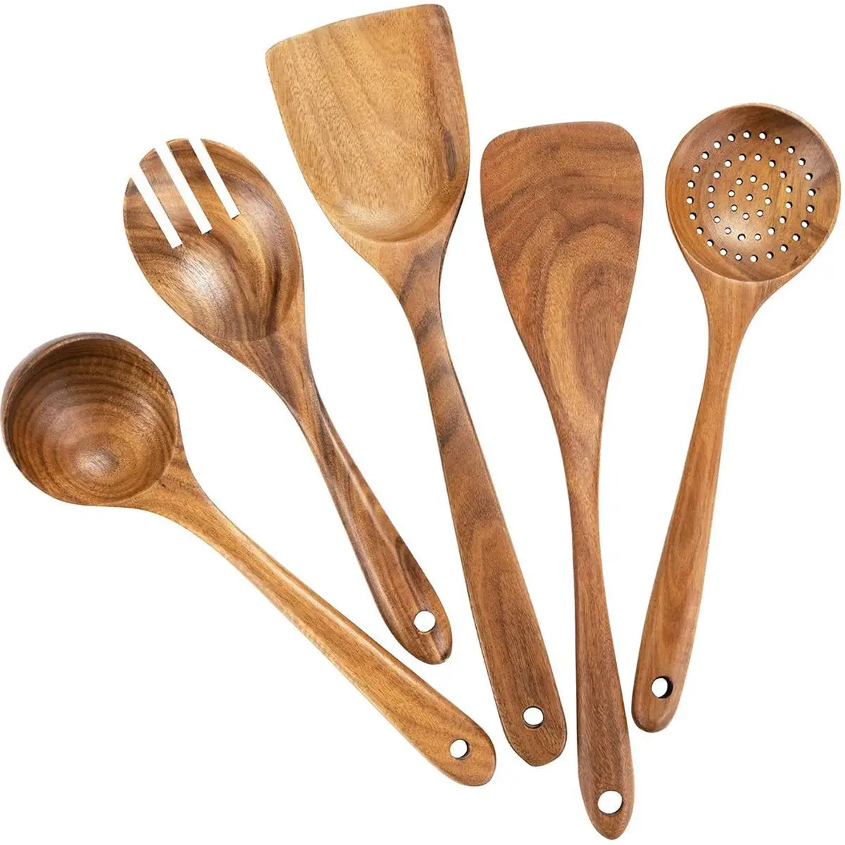 Wooden Kitchen Utensils | Natural Finish | Storage Bucket Included | 5 Piece