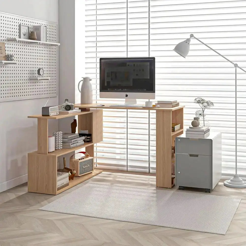 Maple Finish L-Shaped Corner Desk with 360-Degree Swivel and Storage Shelves for Home Office Writing and Workstation Use from PriceLows™