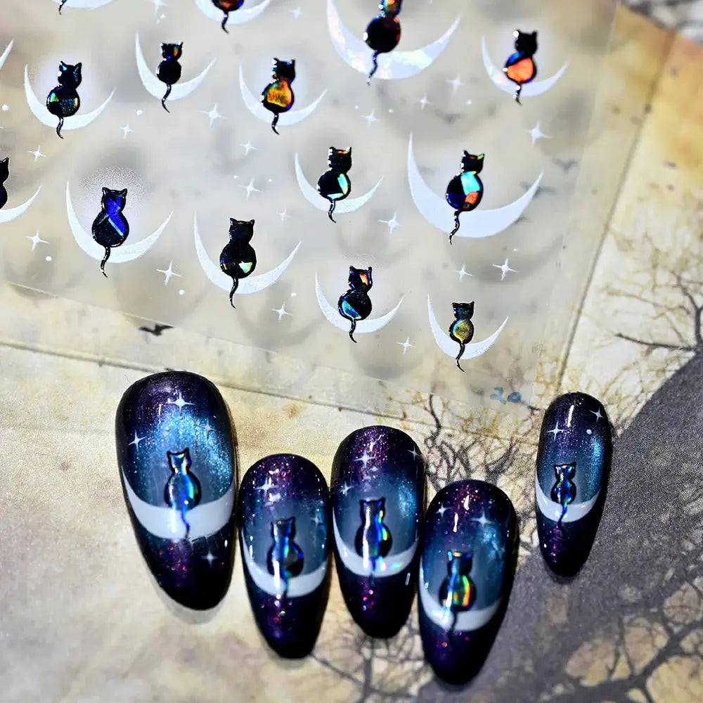 1PC 5D Cartoon Black Cat French Nail Stickers Kawaii Aurora Shell Cat Star Nail Decals 8*10cm Self-Adhesive Manicure Accessories from PriceLows™