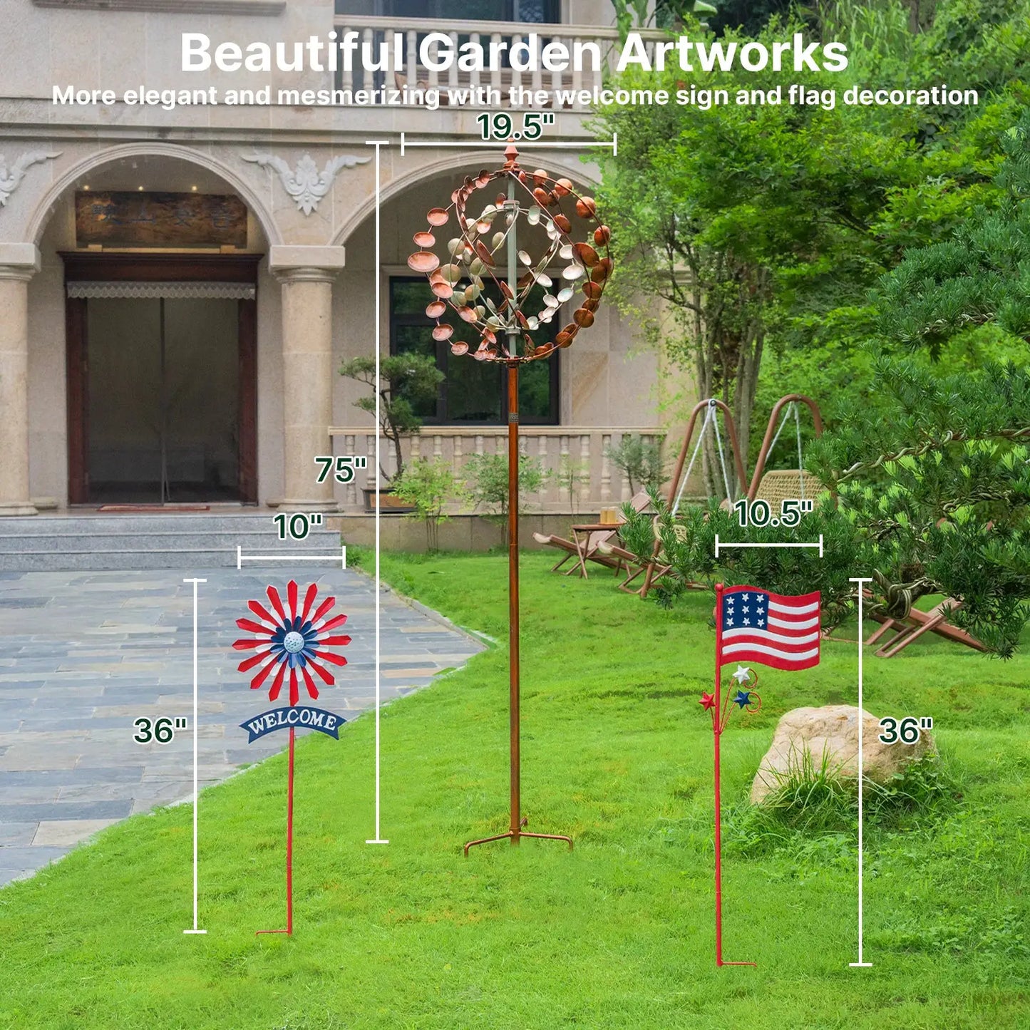 Wind Spinners Outdoor, 75" Large Metal Kinetic Wind Sculptures for Garden, 360 Degrees Swivel Yard Art with 2 Pcs Welcome Flag from PriceLows™