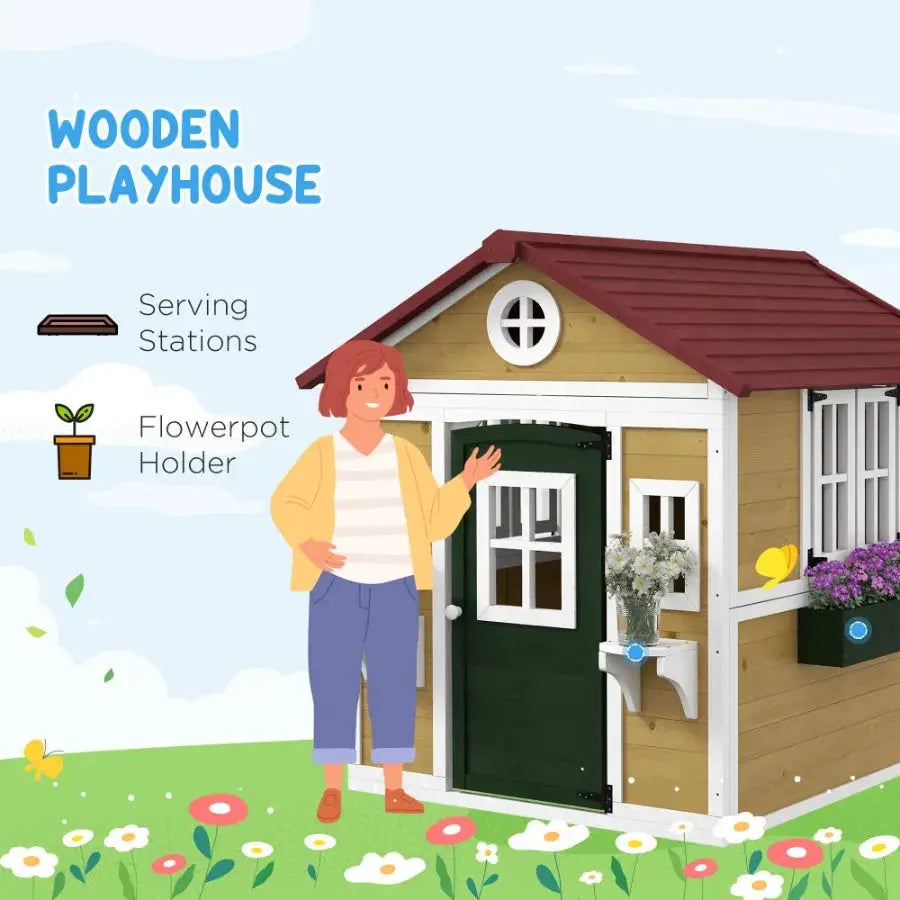 Wooden Playhouse for Outdoor Doors Windows Planter Pots Beige Toddlers 3-8 Years from PriceLows™