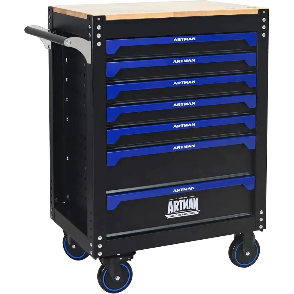 Heavy-Duty Mobile Metal Tool Chest with Locking Wheels, Stainless Steel Worktop, Garage Storage Cabinet (Black-Blue, 7-Drawers, from PriceLows™