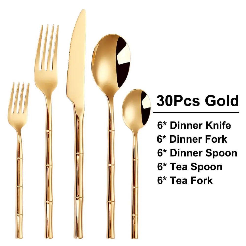 6/24/30Pcs Stainless Steel 304 Tableware Gold Cutlery Set Western Bamboo Shaped Handle Knife Fork Spoon Mirror Dinner Set from PriceLows™