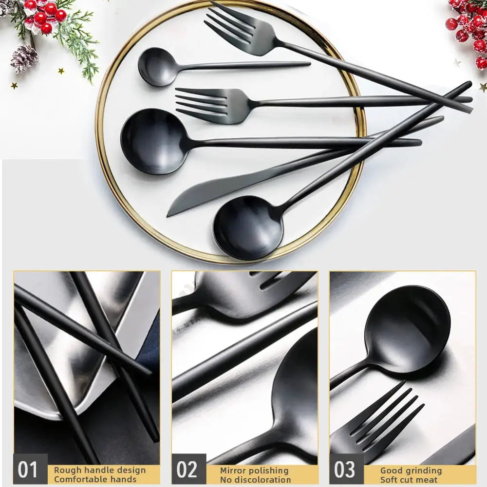 30pcs Black Dinnerware Set Stainless Steel Steak Knife Fork Coffee Spoon Teaspoon Flatware Dishwasher Safe Kitchen Tableware Set from PriceLows™