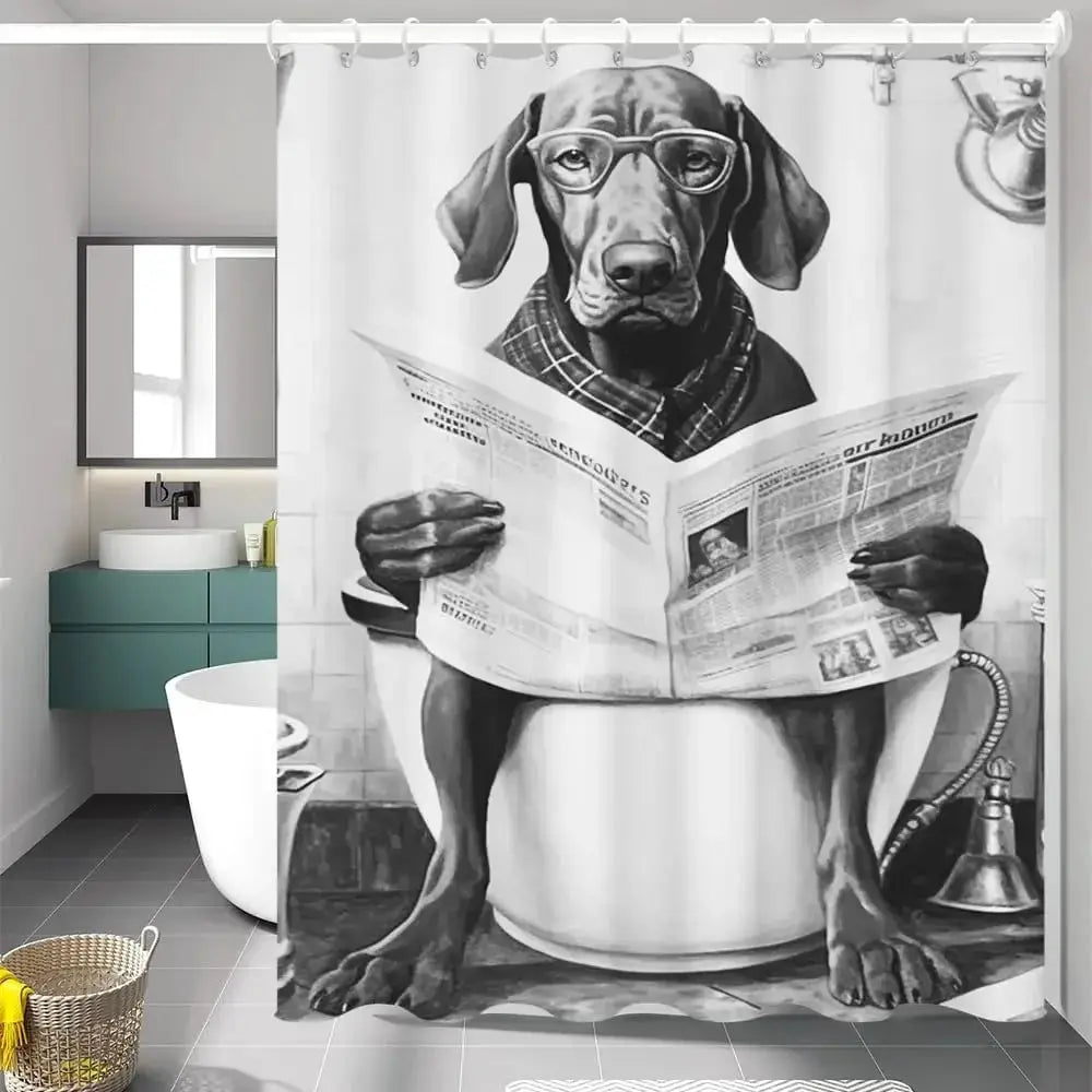Funny Boxer Dog Bath Shower Curtain,Cute Dogs Reading Newspaper on Toliet Bathroom Curtain Washable Cloth Kids Shower Curtain from PriceLows™