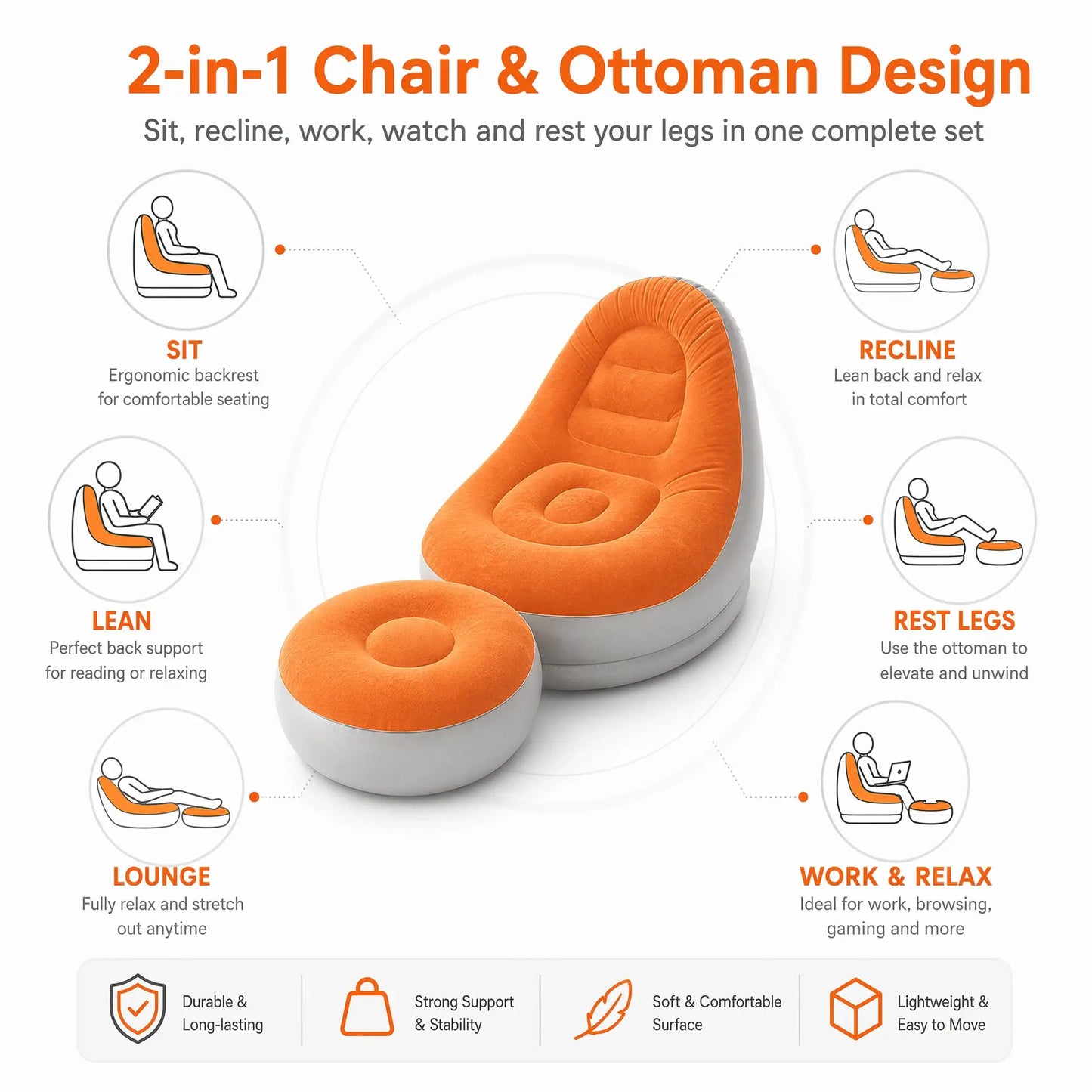 Inflatable Flocking Lazy Sofa Set | Portable Foldable | With Stool | Outdoor