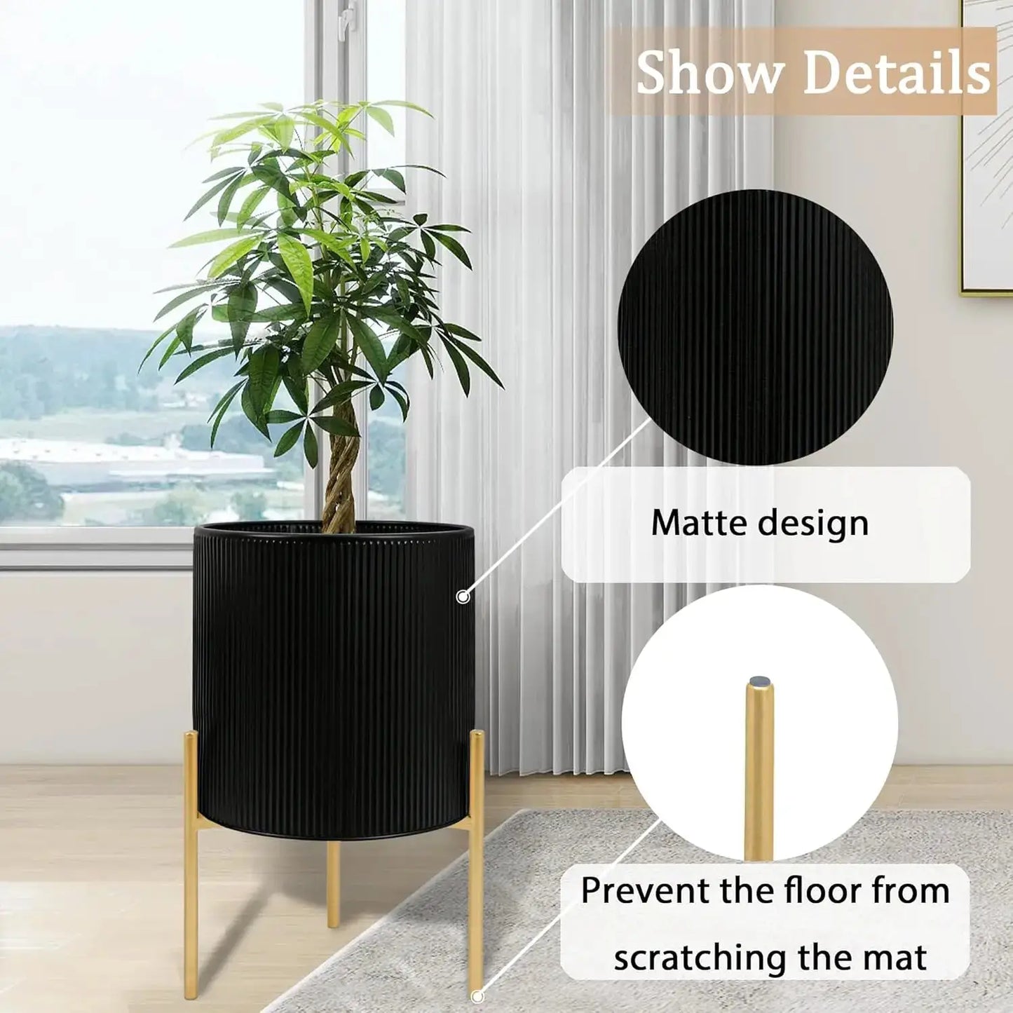 Modern Plant Pots, Set of 2 Round Large Planters with Stand, Large Size Metal Pots with Drainage Holes for Living Room, from PriceLows™