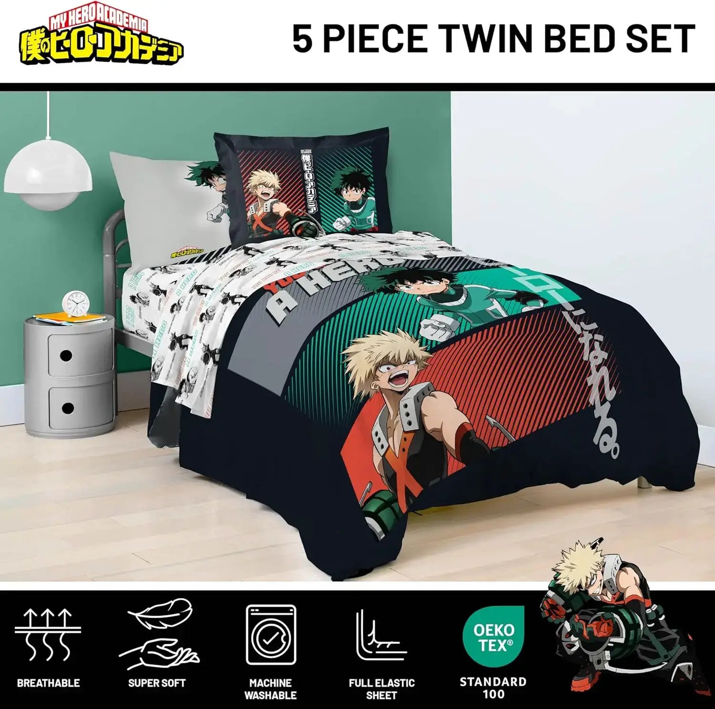 My Hero Academia Twin Comforter Set with Sheets and Pillow Covers - Soft Brushed Microfiber Bedding for Kids Bedroom from PriceLows™