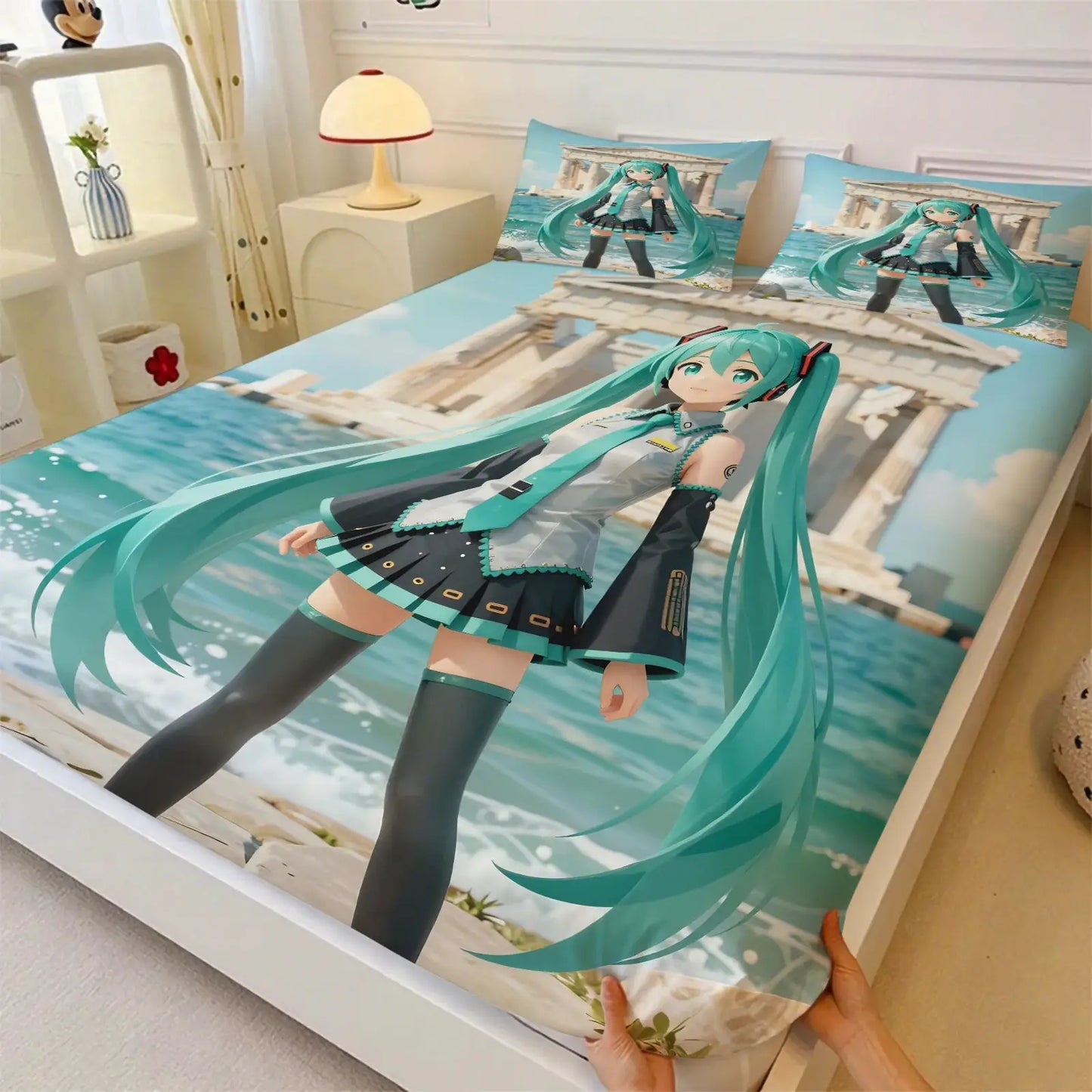 3Pcs Hatsune Miku Fitted Sheet Set with 2 Pillowcases Ice Palace Anime Bedding Set Soft Deep Pocket for Fan & Teen Bedroom Decor from PriceLows™