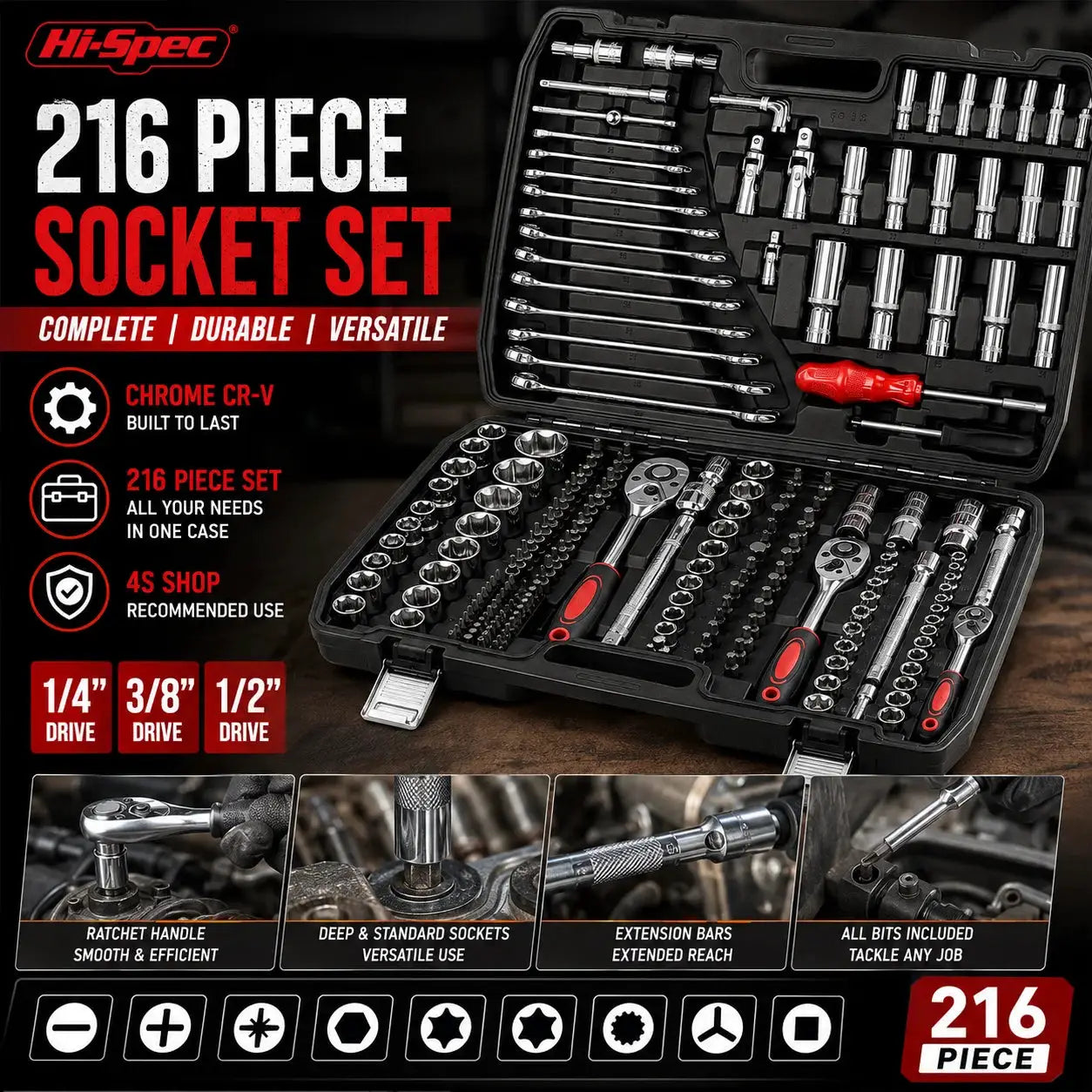 Hi-Spec 216PCS Mechanics Tool Set 1/4" 3/8" 1/2" Drive Socket Wrench Kit Ratchet Mixed Wrenches Auto Repair Tool Box Case from PriceLows™
