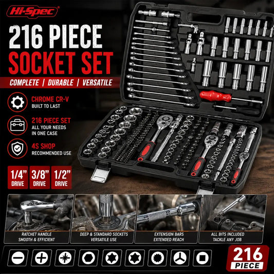 Hi-Spec 216PCS Mechanics Tool Set 1/4" 3/8" 1/2" Drive Socket Wrench Kit Ratchet Mixed Wrenches Auto Repair Tool Box Case from PriceLows™