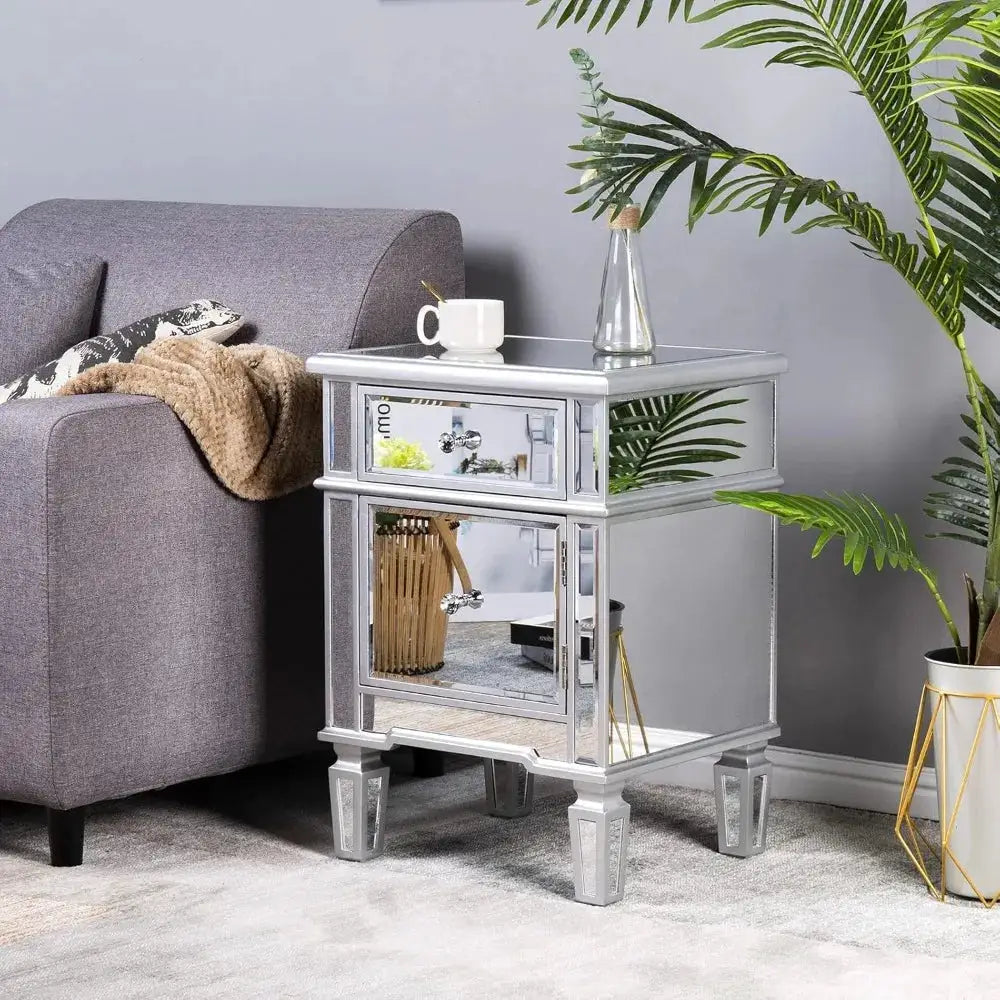 Nightstands Set of 2 Mirrored Side Tables Glass End Table with Drawer for Bedroom, Silver from PriceLows™
