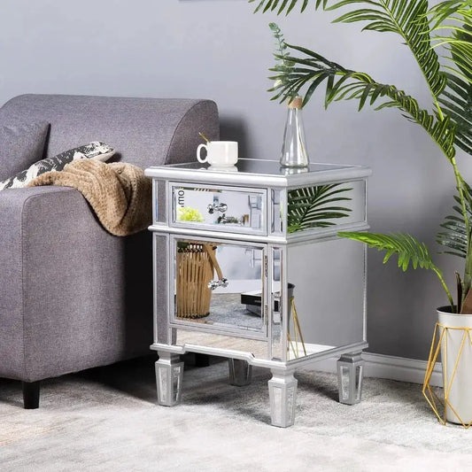 Nightstands Set of 2 Mirrored Side Tables Glass End Table with Drawer for Bedroom, Silver from PriceLows™