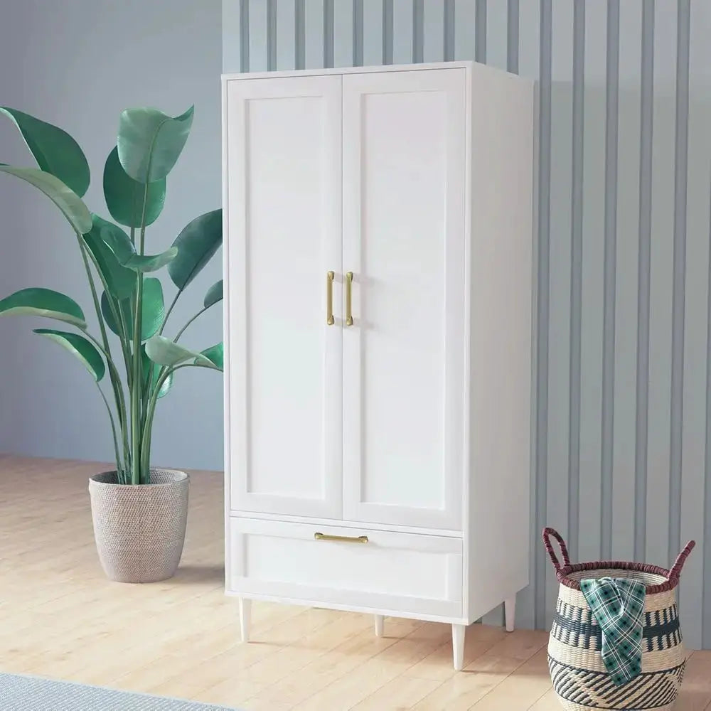 60 Modern 2-Door White Bedroom Wardrobe with Hanging Rod and Storage Cabinet from PriceLows™