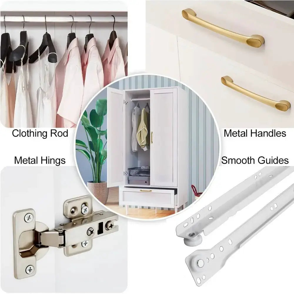 60 Modern 2-Door White Bedroom Wardrobe with Hanging Rod and Storage Cabinet from PriceLows™