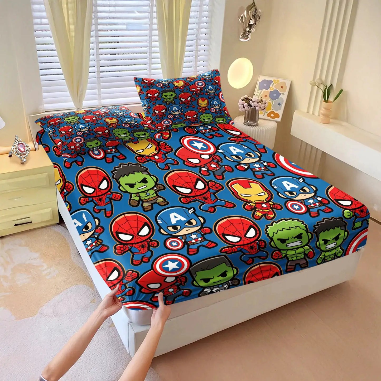 Cute Chibi Marvel Heroes Fitted Sheet Set Bed Sheet Set Bedding Set No Fillers for Teens Bedroom Living Room Decor from PriceLows™
