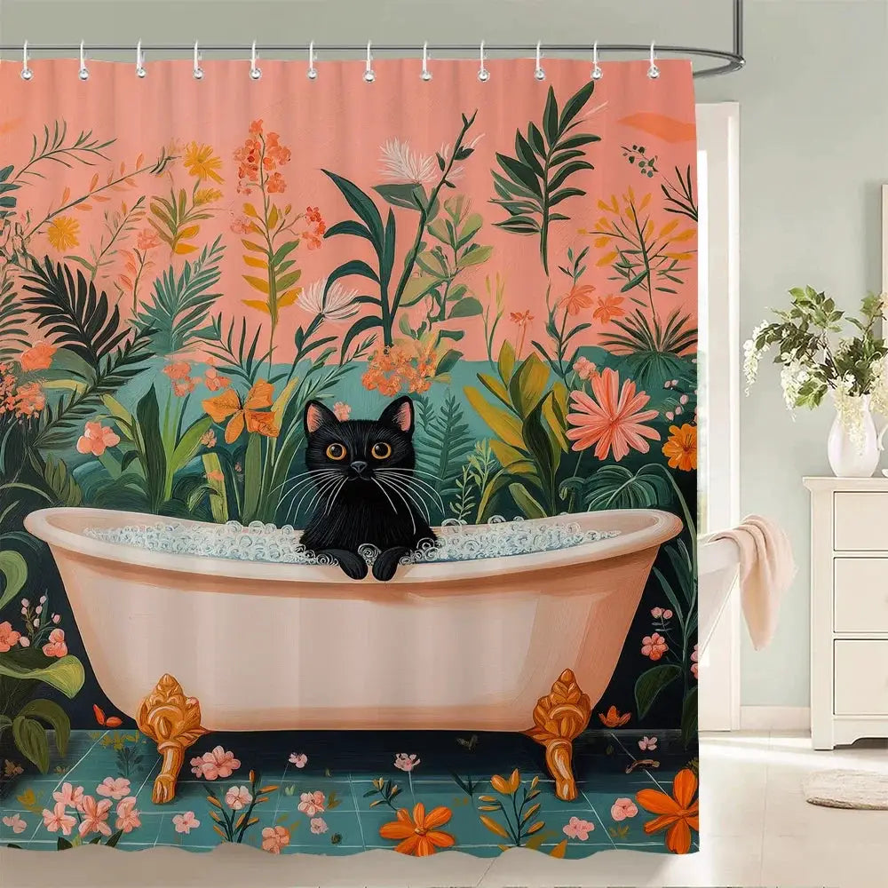 Nordic style Flowers Leaves Animals Shower Curtain Cat and Dog Printed Bathroom Bath Curtain Home Decoration Curtain With Hooks from PriceLows™