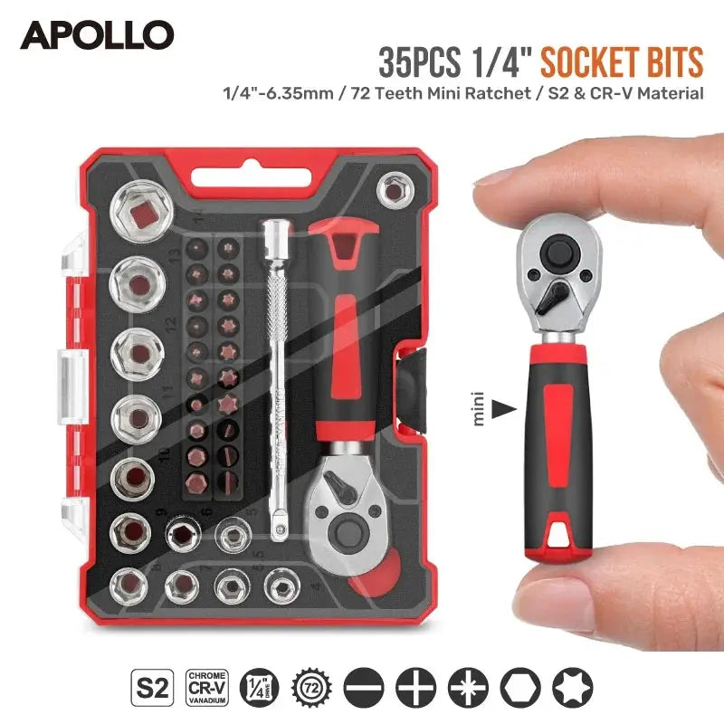 Apollo 35Pcs 1/4" Mini Ratchet Wrench Socket Set w/ Hex Bits & Quick-Release for Auto Repair Socket Wrench Set & Hand Tool Kit from PriceLows™