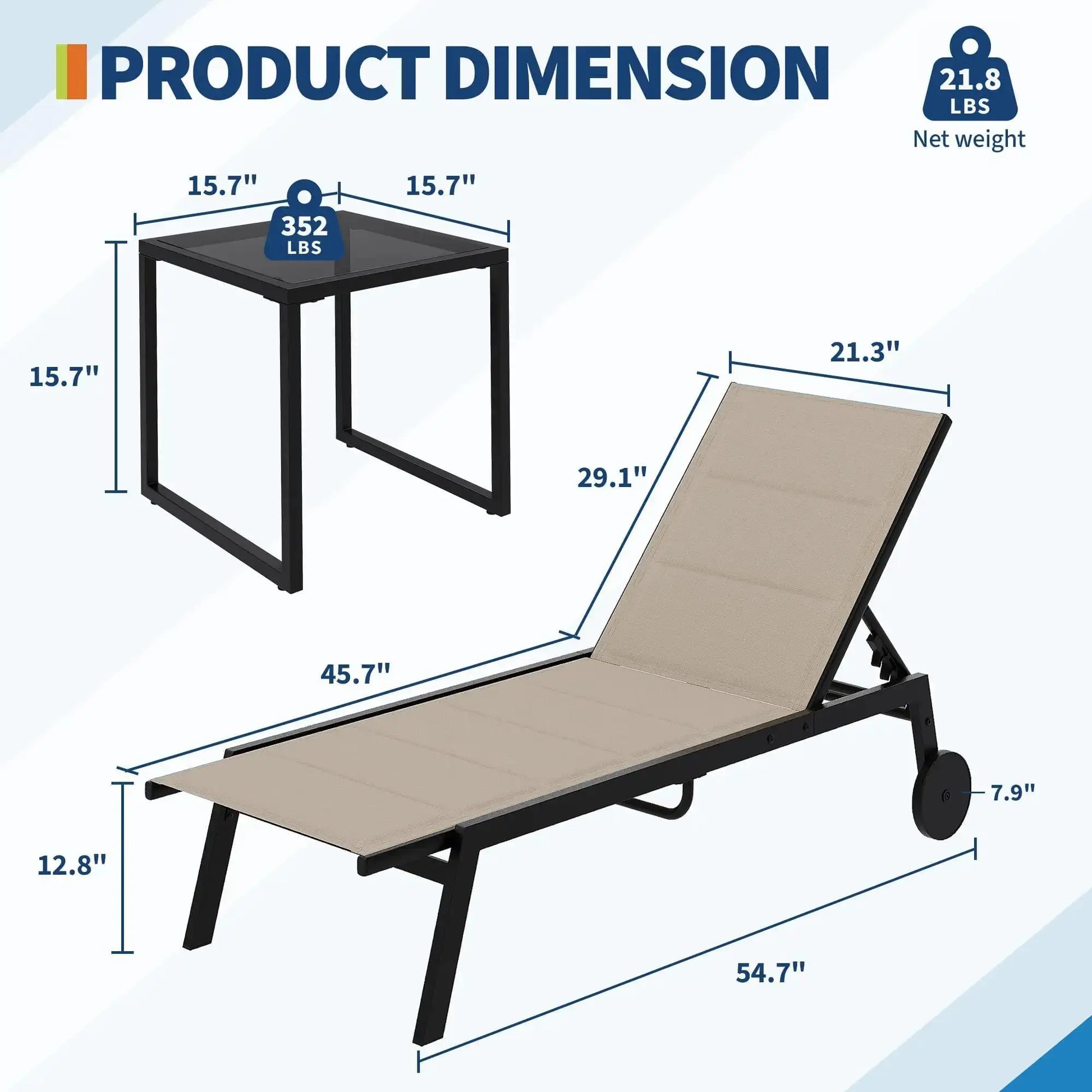 atio Textile Chaise Lounge Chairs with Side Table, Set of 3 Outdoor Chaise Lounge Set with Wheels, 5-Level Backrest Pool Lounger from PriceLows™