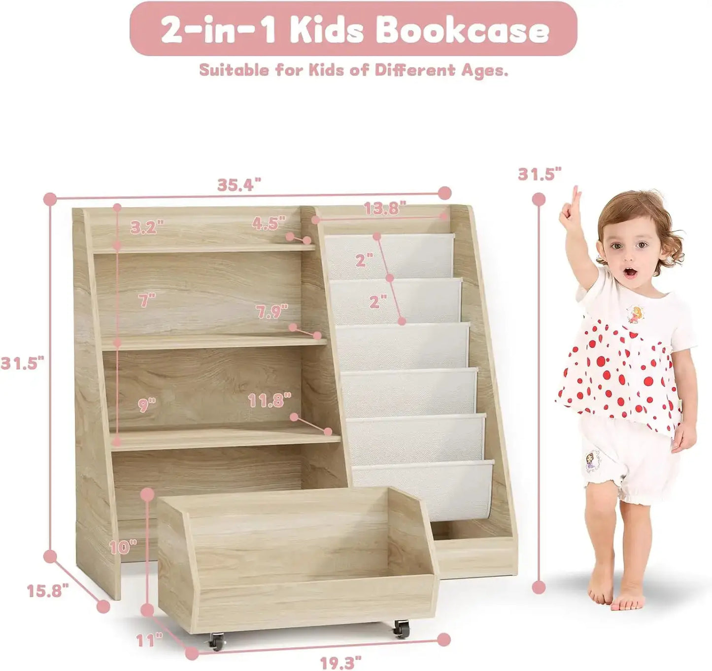 4-Tier Kids Bookshelf with Movable Drawer & 5 Pockets, Montessori Toy Storage for Playroom Nursery from PriceLows™