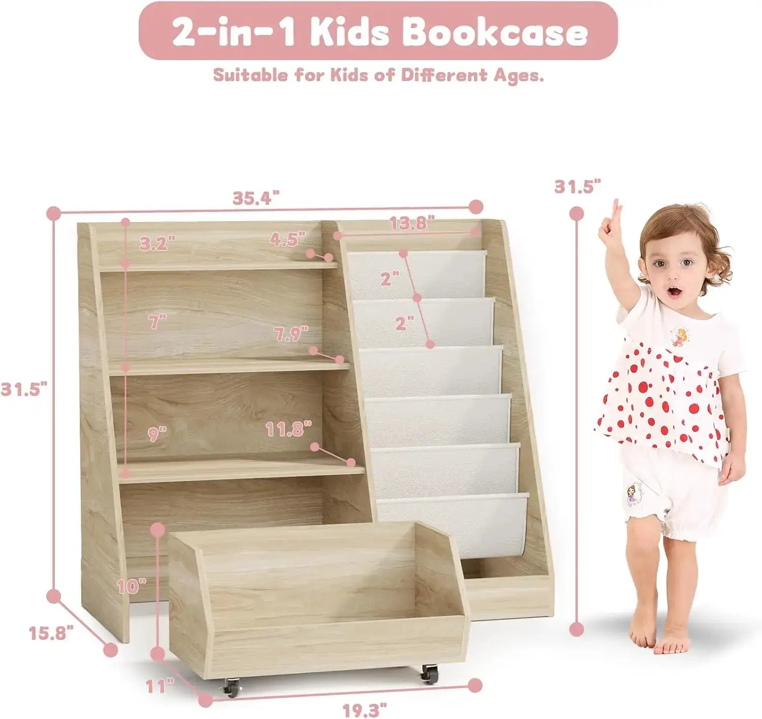 4-Tier Kids Bookshelf with Movable Drawer & 5 Pockets, Montessori Toy Storage for Playroom Nursery from PriceLows™
