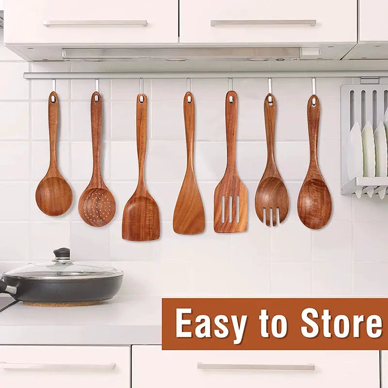 Natural Teak Cooking Spoon Scoop Kitchen Wooden Spatula Non-stick Utensils Set For Cooking With Hanging Hooks Cookware Tool from PriceLows™