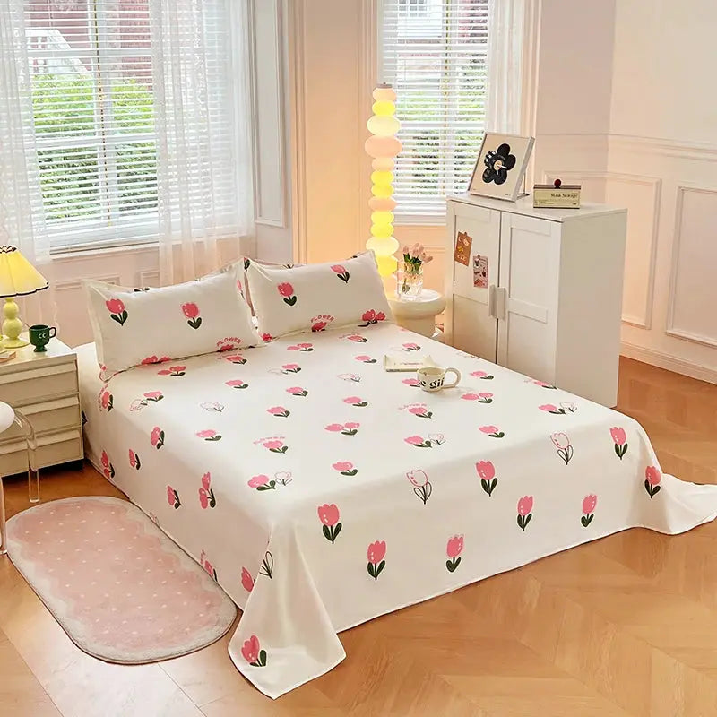 1PC or 3PCS Bed Flat Sheet Pillowcases Bed Cartoon Printed Top Sheets Single/Queen/King Flat Bedsheets Home Bed Linen Sheets from PriceLows™