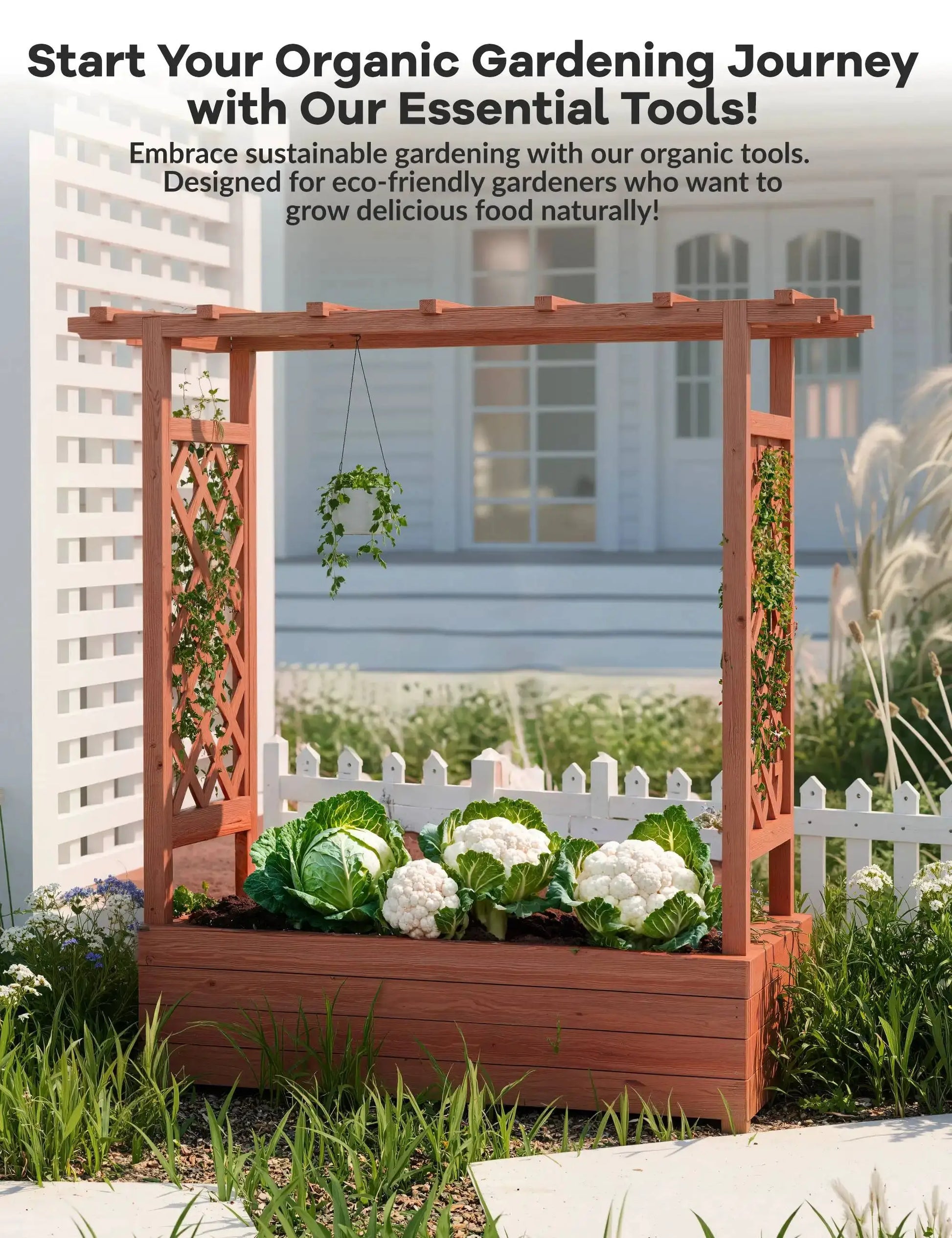 Elevated Wooden Raised Garden Bed with Trellis/Canopy/Drainage Hole Freestanding Planter Box for Climbing Plants Vines Blossoms from PriceLows™