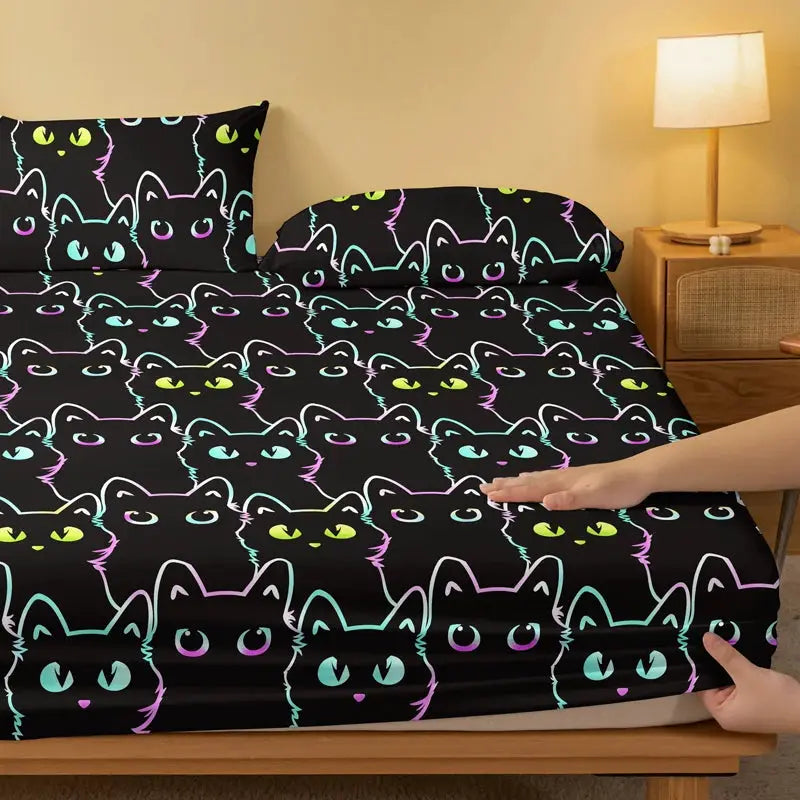 1 Simple modern animal little cat printed matte Fitted Sheet, bedroom printed bed cover, bedding (excluding pillowcases) from PriceLows™