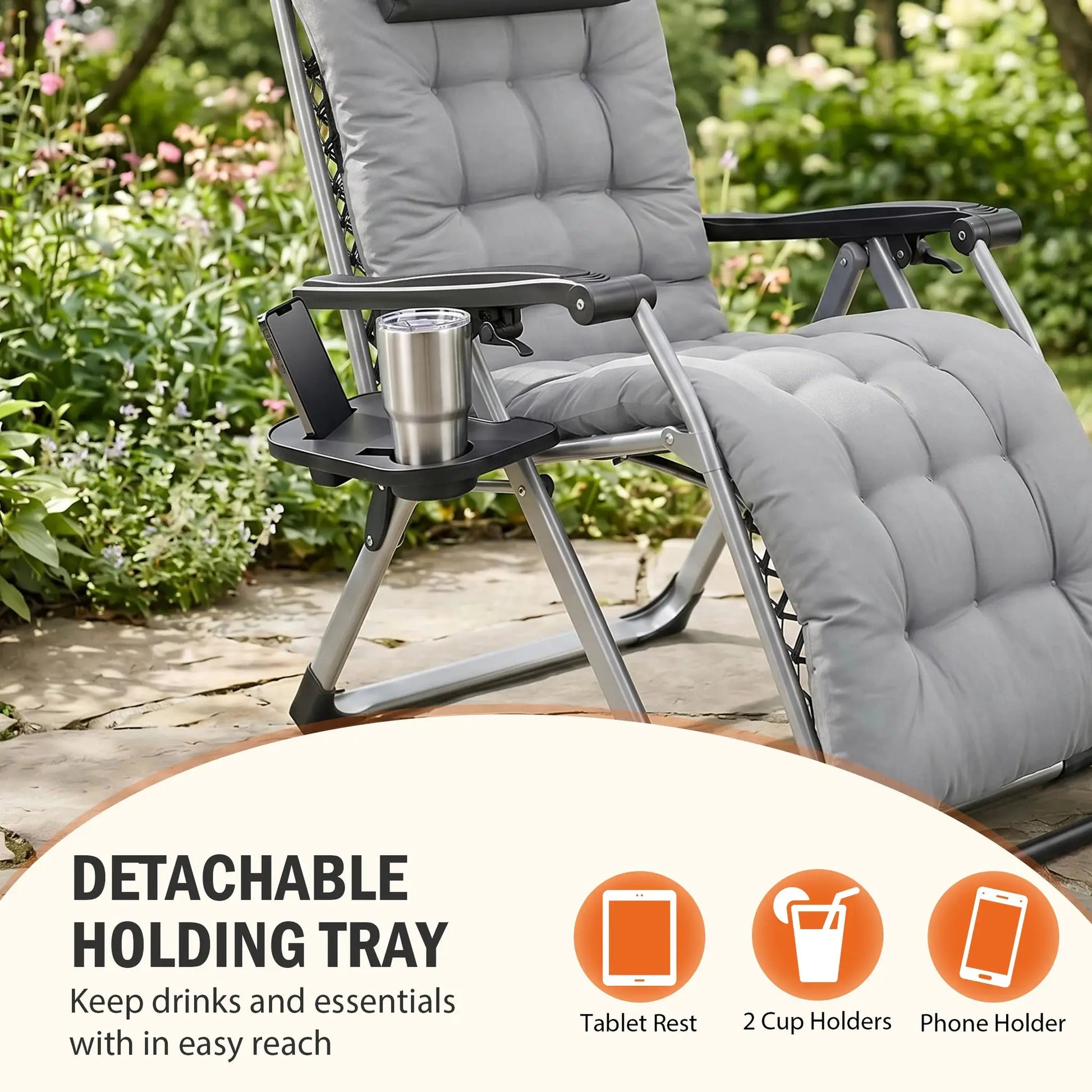 JHK Zero Gravity Reclining Camping Lounge Chair for Outdoor Soft Cushion Patio Chairs with Cup Holder Trays and Removable Cushion Folding Recliner for Indoor from PriceLows™