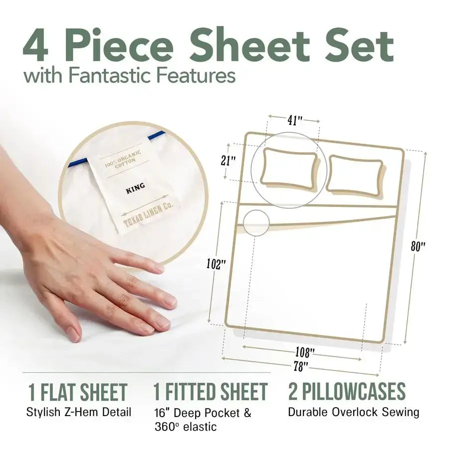 100 Organic Cotton Sheets King Size 4 PC Organic Cotton King Percale Weave Sheet Set, Soft, Cooling, Crisp amp Breathable, 16 De from PriceLows™