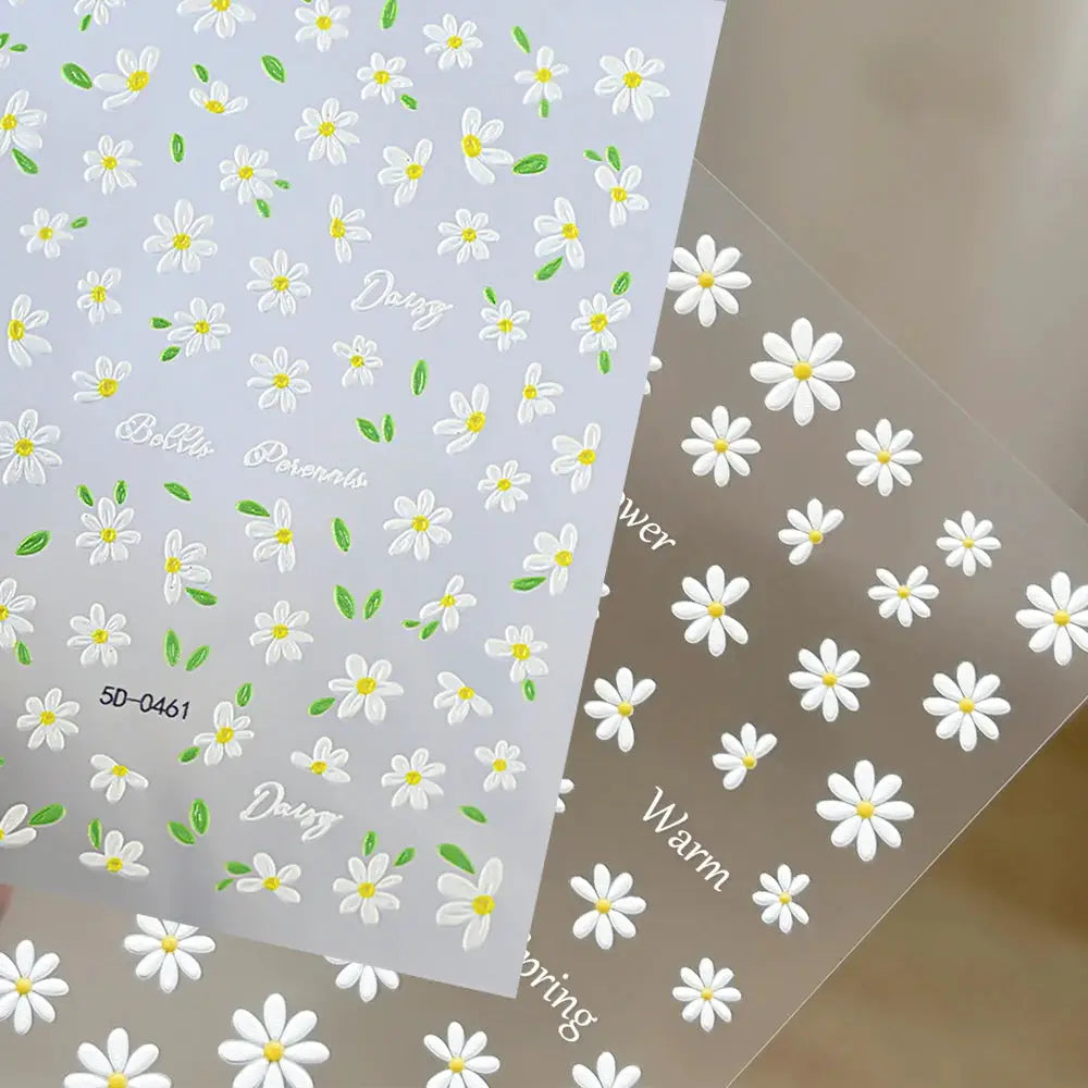 2pcs 5D White Daisy Design Nail Art Stickers Embossed Daisy Floret Green Leaf Nail Art Decals DIY Spring Summer Decor Stickers from PriceLows™