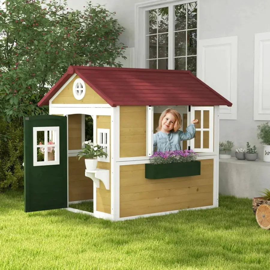 Wooden Playhouse for Outdoor Doors Windows Planter Pots Beige Toddlers 3-8 Years from PriceLows™