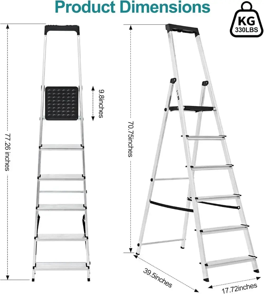 6 Step Ladder, 330lbs Folding Step Stool with Anti-Slip Wide Pedal Handrails, Aluminum Stool Ladders, Safety Household Ladder for Home Kitchen Courtyard Outdoor from PriceLows™