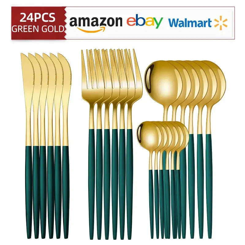 24Pcs Black Handle Golden Cutlery Set Stainless Steel Knife Fork Spoon Tableware Flatware Set Festival Kitchen Dinnerware Gift from PriceLows™