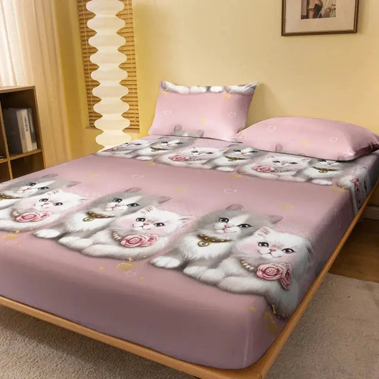 1 Cartoon Cute animal Cat printed matte Fitted Sheet, bedroom printed bed cover, bedding (excluding pillowcases) from PriceLows™