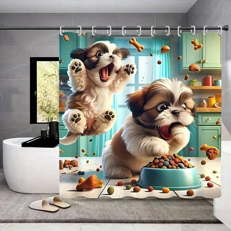 4 Piece Funny Puppy Dog Shower Curtain Set - Cartoon Pet Bathroom Decor with Rugs - Washable Fabric Curtain and Toilet Lid Cover from PriceLows™