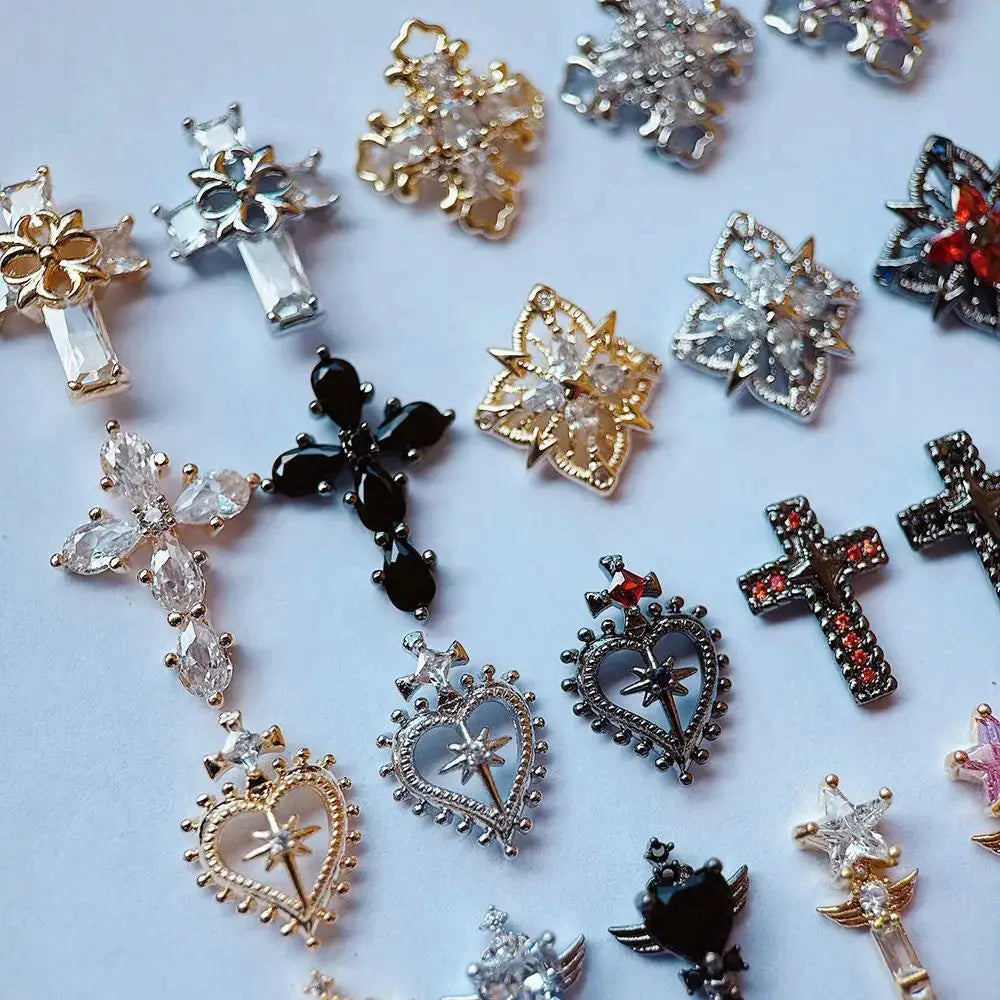 10pcs/lot Luxury Halloween Black Cross Heart Zircon Metal Nails Jewelry Decorations Nail Art Accessories Charms Parts Supplies from PriceLows™