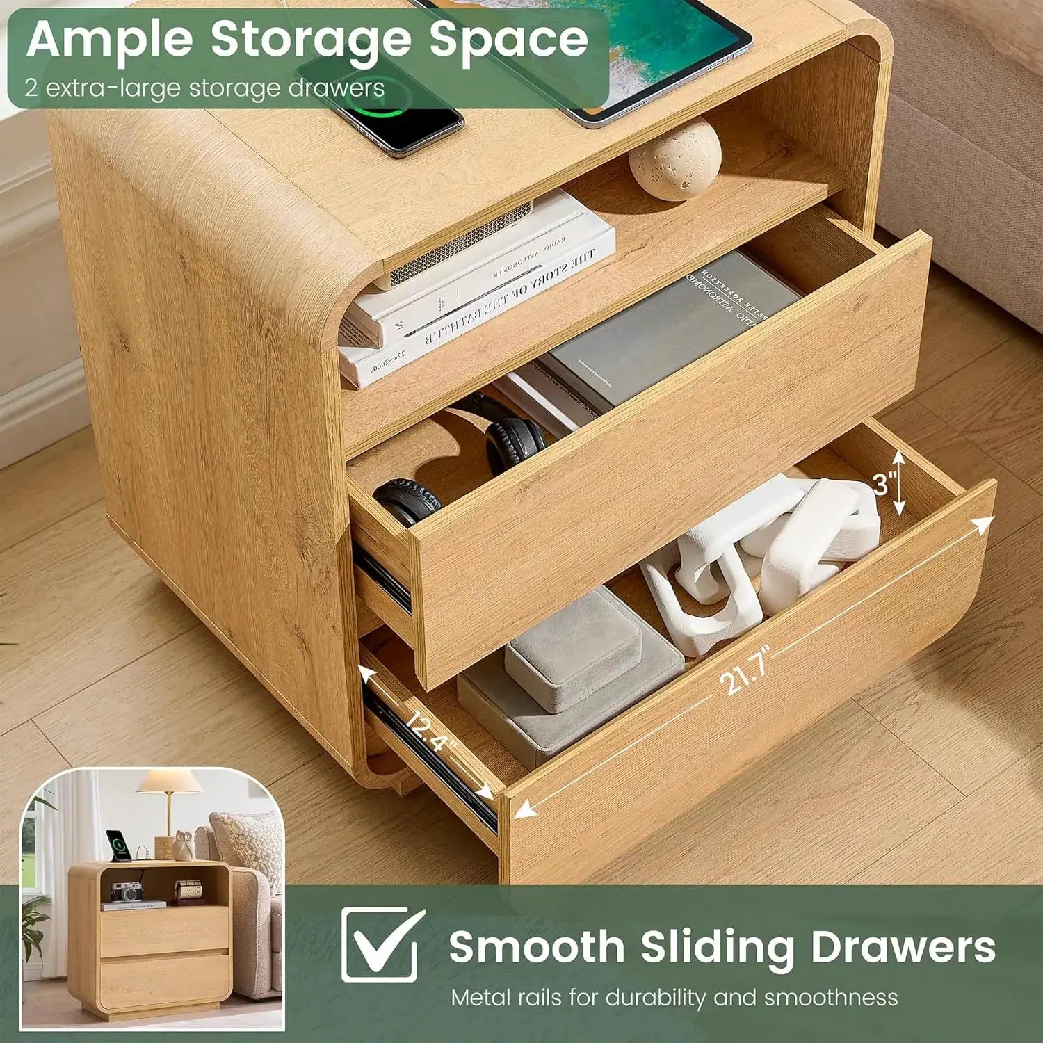 Curved Night Stand Set of 2, 23.2" Large Wood Farmhouse Nightstand with Charging Station & 2 Storage Drawers Bedside Table, Modern End Table for Bedroom, Living Room, Natural from PriceLows™