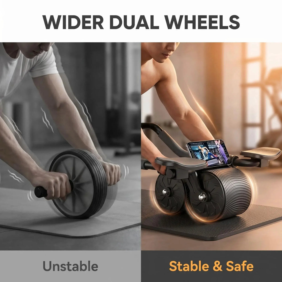 Ab Roller | 3 In 1 Core Kit | Double Wheel | Black With Kneepad