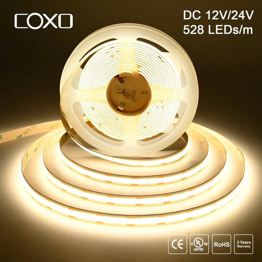 Linear Dimmable 24V 12V COB LED Strip Light 528LEDs/m High Density Flexible LED Ribbon Tape Ra90+ 3000K 4000K 6500K LED Lighting from PriceLows™