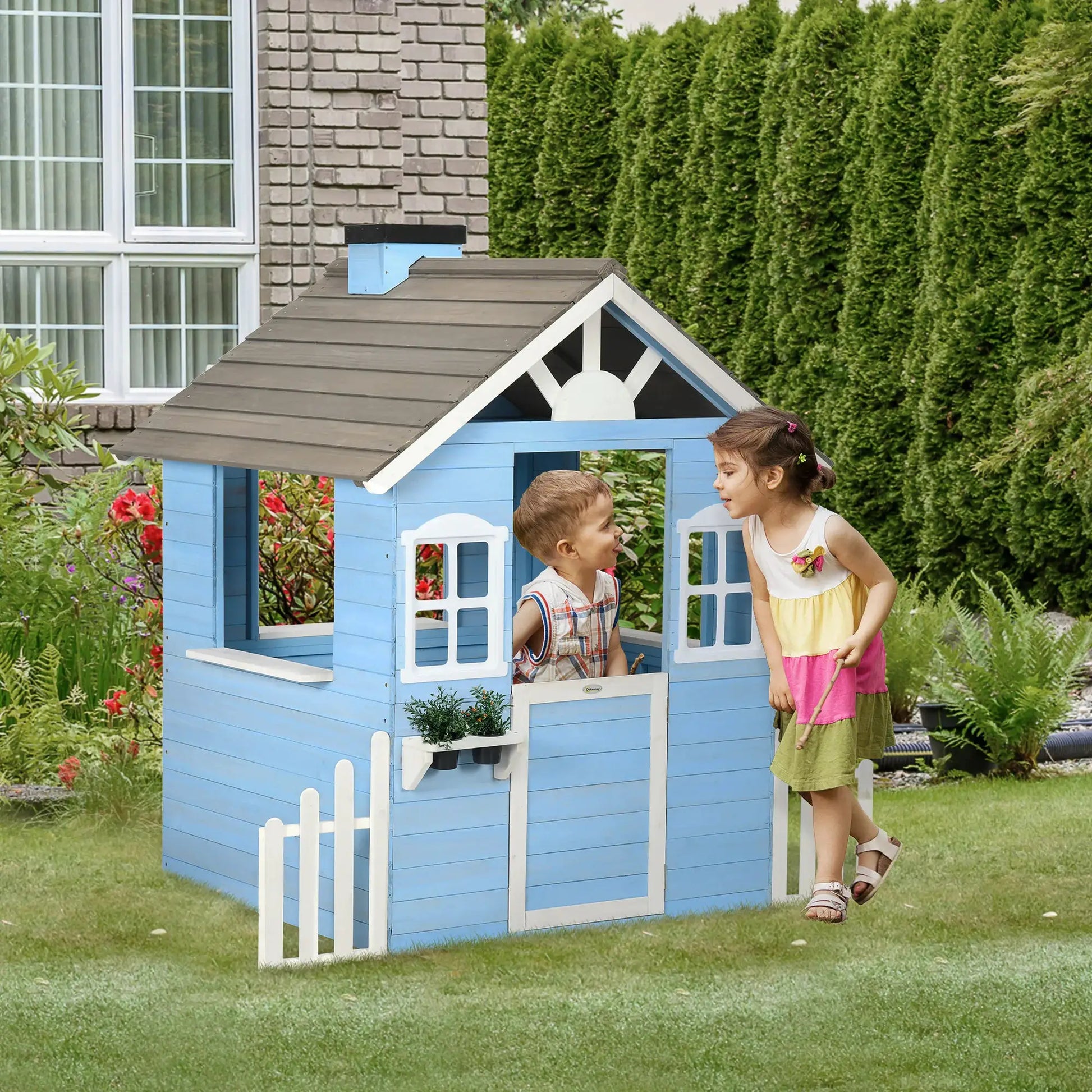 Outsunny Playhouse for Kids Outdoor, Country Style Wooden Playhouse with Flower Pot Holders, Working Door, Windows from PriceLows™