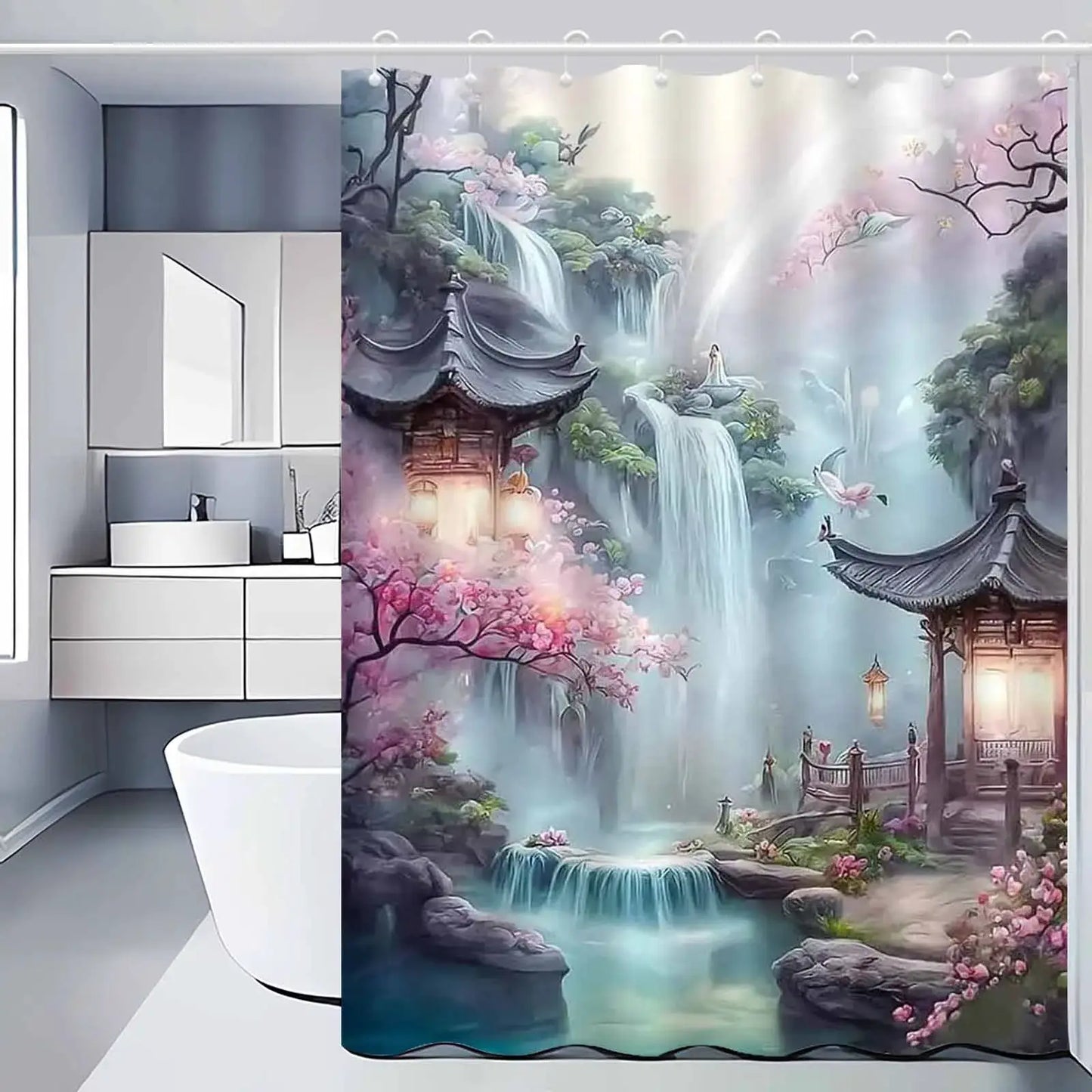 Universal Fit Shower Curtain With Hooks Set For Bathroom Decor And Water Control from PriceLows™