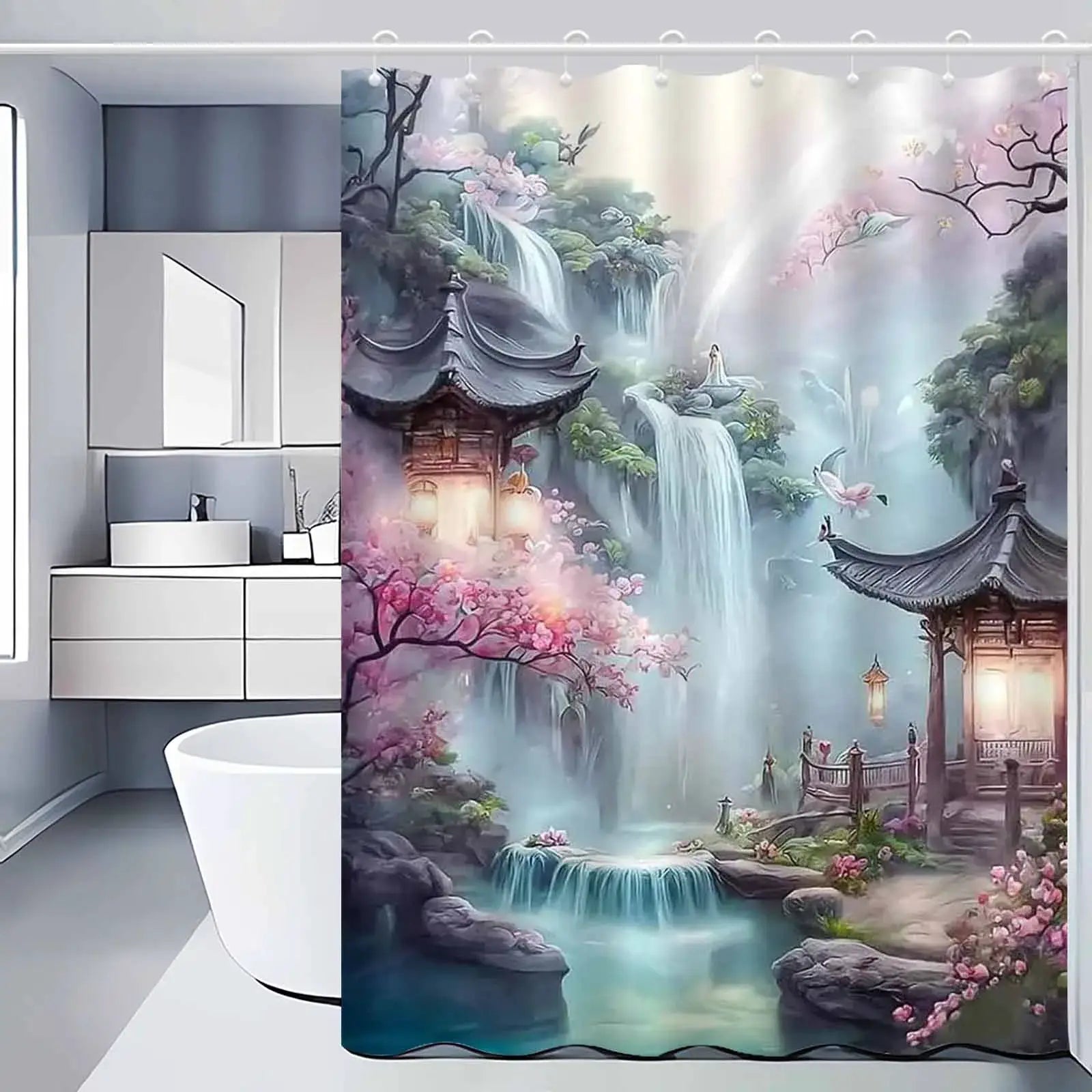 Universal Fit Shower Curtain With Hooks Set For Bathroom Decor And Water Control from PriceLows™