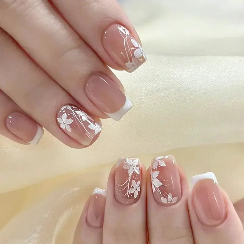 Short Almond Press On Nails | Pink Floral French | Reusable Full Cover | 24 Pcs